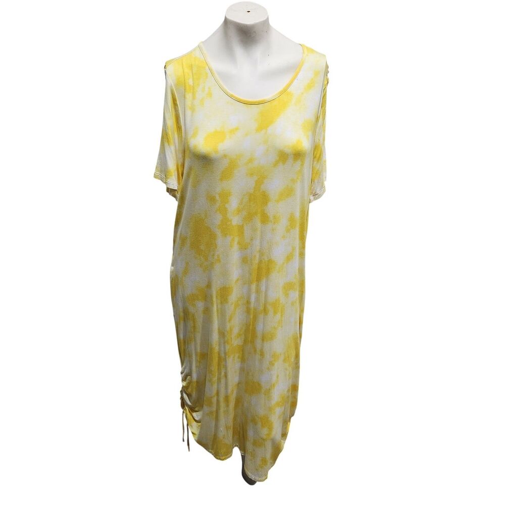 Lane Bryant 14/16 Yellow Tie Dye Midi Dress Ruched Plus Size